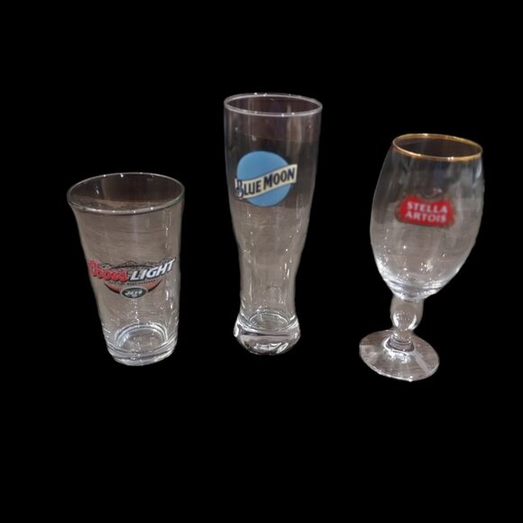 Beer Glass Lot of 3 Coors Jets Stella Blue Moon Barware - Picture 2 of 12